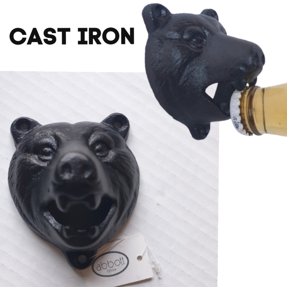 Abbott Heavy Duty Black Cast Iron 3D Bar Wall Mount Bear Head Bottle Beer Opener